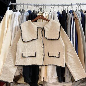 Chic Tweed Cardigan Black Trim Contrast Stitch Jacket